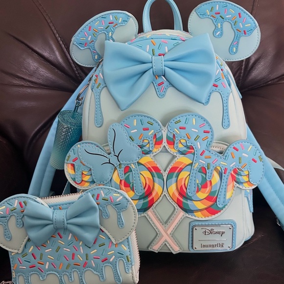 Loungefly Light Blue Drippy Sprinkles Mini Backpack with Matching Bow Wallet - Picture 2 of 6